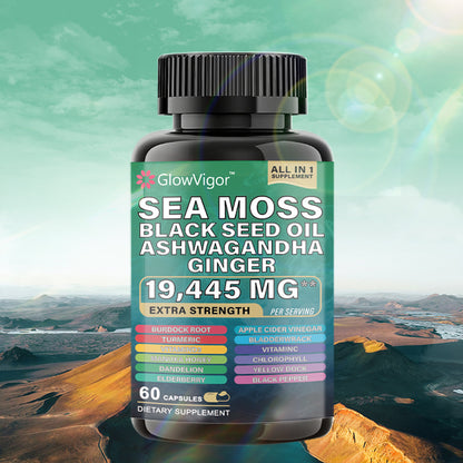 GlowVigor Sea Moss 7000mg Black Seed Oil 4000mg Ashwagandha 2000mg Turmeric 2000mg Bladderwrack 2000mg Burdock 2000mg & Ginger Vitamin C Vitamin D3