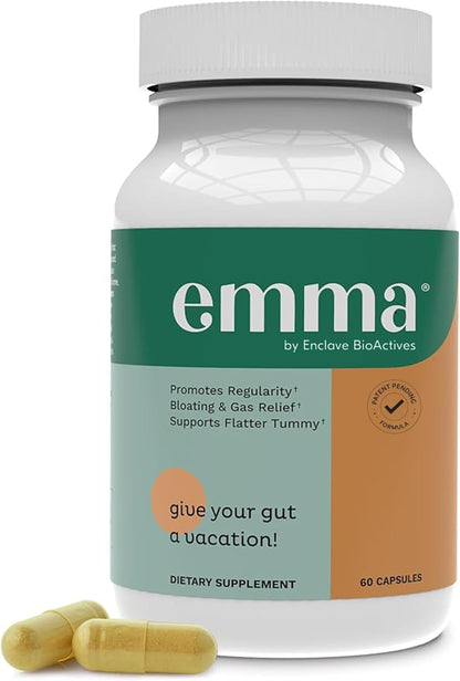 Emma Gut Health - Gas and Bloating Relief, Constipation, Leaky Gut Repair - Gut Cleanse & Restore Digestion - Regulate Bowel Movement. Probiotics and Laxative Alternative, 60 Capsules