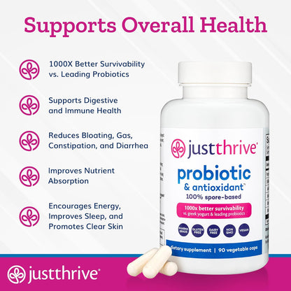 Just Thrive Probiotic & Antioxidant Supplement - 100% Spore-Based Digestive and Immune Support - Gluten Free, 90 Caps