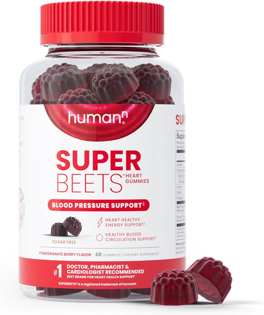 humanN SuperBeets Heart Gummies - Beet Gummies with Heart-Healthy Energy Support, Grape Seed Extract & Beet Root Powder, Sugar Free - Pomegranate Berry Flavor, 60 Count