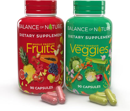 Balance of Nature Fruits & and Veggies Supplements - Whole Fruit and Vegetable Ingredients for Women, Men, and Kids - 90 Fruit Capsules, 90 Veggie Capsules - 1 Set