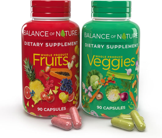 Balance of Nature Fruits & and Veggies Supplements - Whole Fruit and Vegetable Ingredients for Women, Men, and Kids - 90 Fruit Capsules, 90 Veggie Capsules - 1 Set