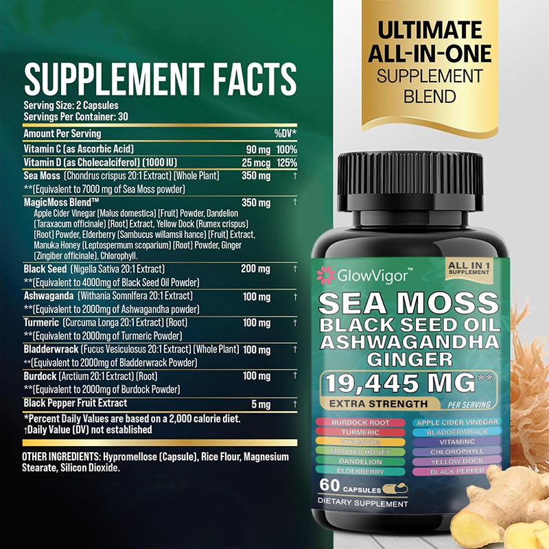 GlowVigor Sea Moss 7000mg Black Seed Oil 4000mg Ashwagandha 2000mg Turmeric 2000mg Bladderwrack 2000mg Burdock 2000mg & Ginger Vitamin C Vitamin D3