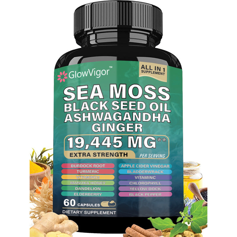 GlowVigor Sea Moss 7000mg Black Seed Oil 4000mg Ashwagandha 2000mg Turmeric 2000mg Bladderwrack 2000mg Burdock 2000mg & Ginger Vitamin C Vitamin D3